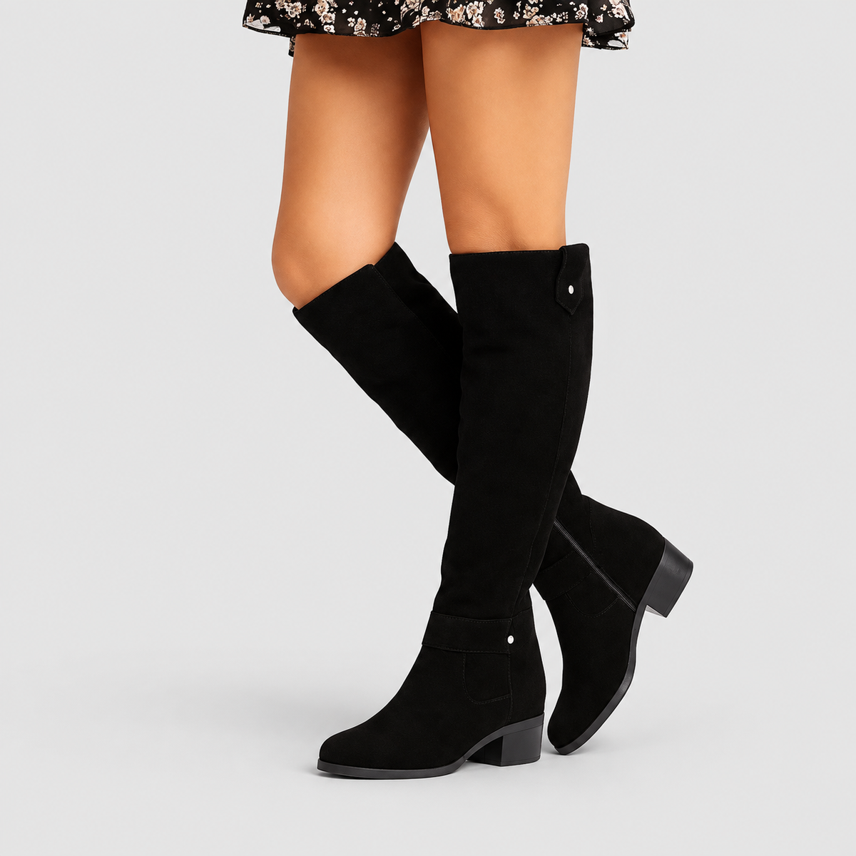 Women's Suede-Effect Knee-High Boots with Block Heel and Side Zip in Black — view 4