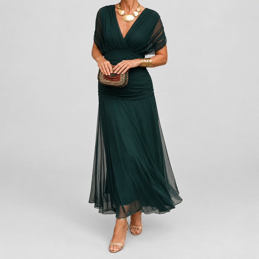 Women's V-Neck Chiffon Maxi Cocktail Dress with Ruched Waist in Bottle Green — view 1