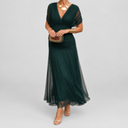 Women's V-Neck Chiffon Maxi Cocktail Dress with Ruched Waist in Bottle Green — view 1