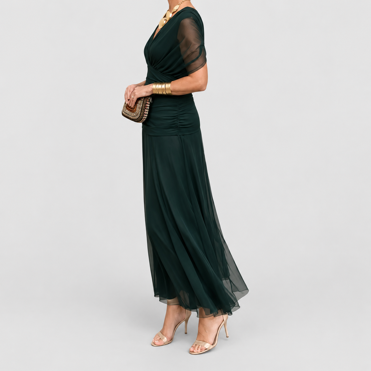 Women's V-Neck Chiffon Maxi Cocktail Dress with Ruched Waist — view 2