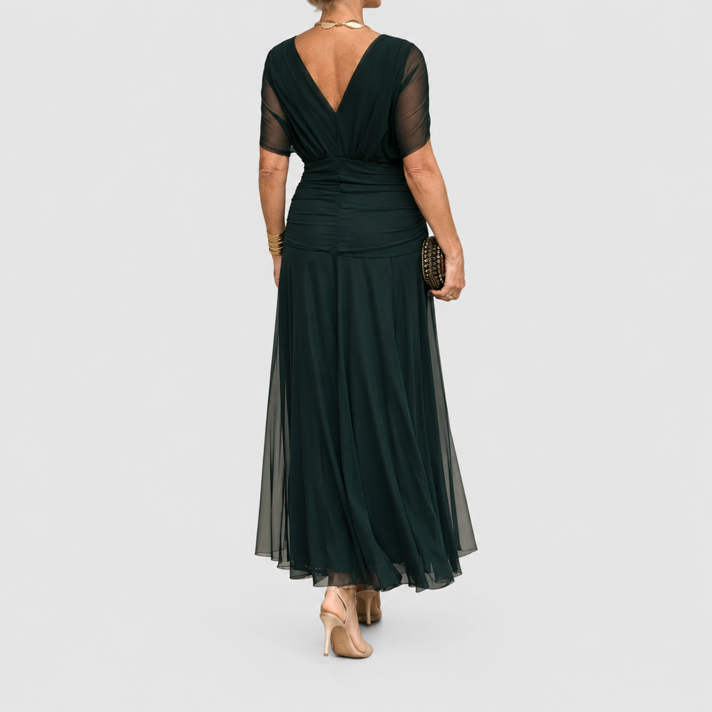 Women's V-Neck Chiffon Maxi Cocktail Dress with Ruched Waist — view 3