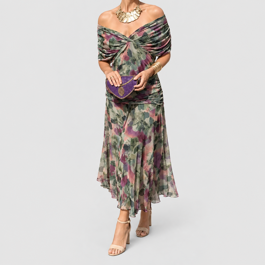 Women's V-Neck Chiffon Maxi Cocktail Dress with Ruched Waist in Bouquet — view 4