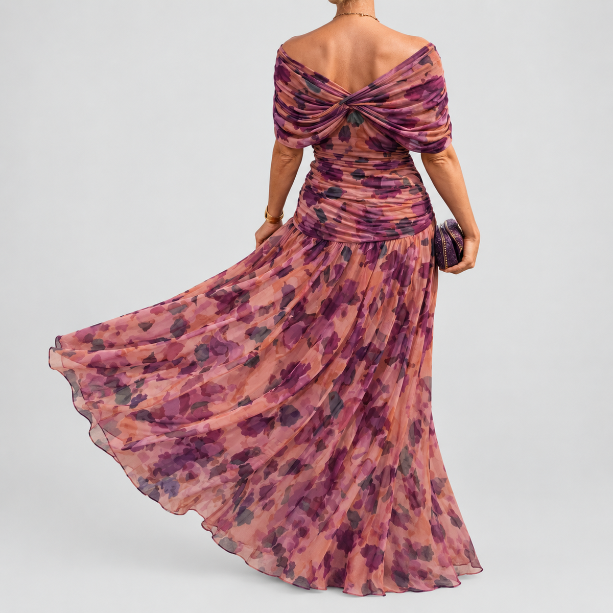 Women's V-Neck Chiffon Maxi Cocktail Dress with Ruched Waist — view 9