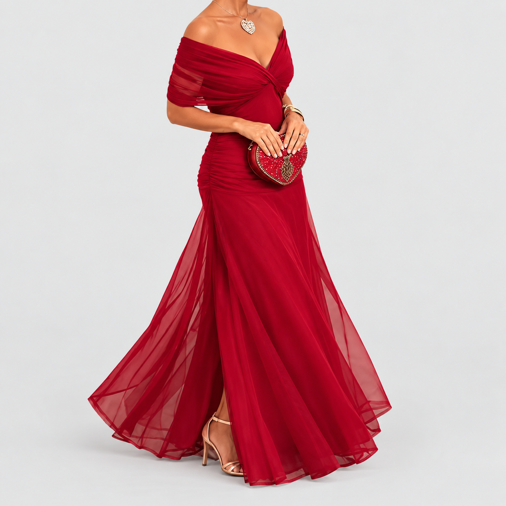 Women's V-Neck Chiffon Maxi Cocktail Dress with Ruched Waist in Passionate Red — view 13