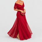 Women's V-Neck Chiffon Maxi Cocktail Dress with Ruched Waist in Passionate Red — view 13