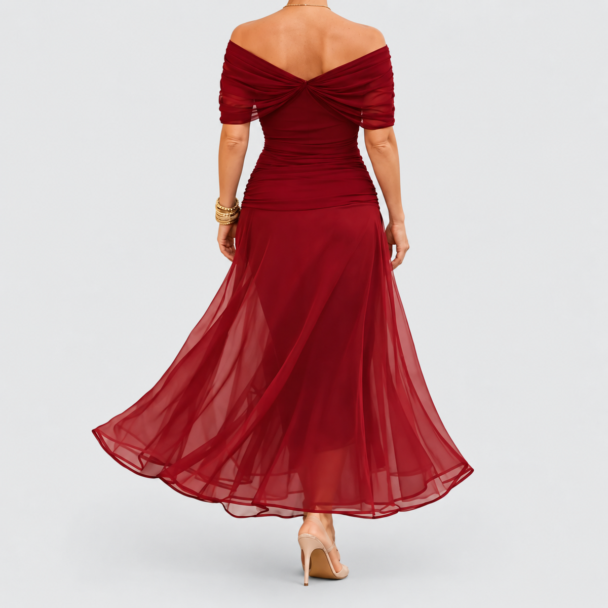 Women's V-Neck Chiffon Maxi Cocktail Dress with Ruched Waist — view 15