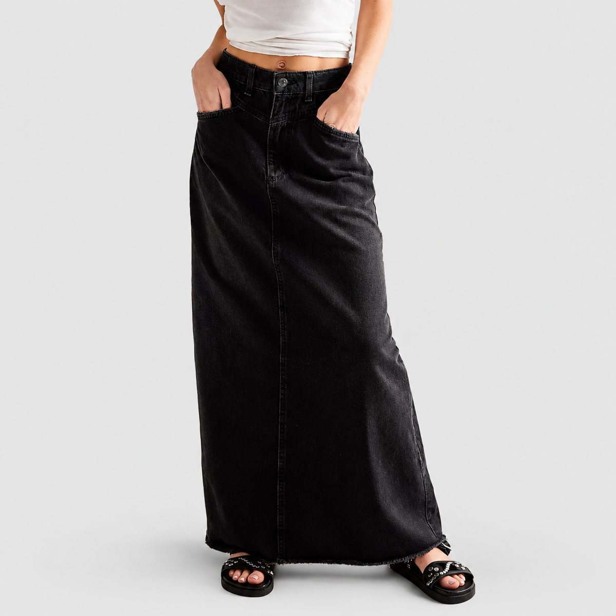 Women's High-Waisted Denim Maxi Skirt in Black — view 4