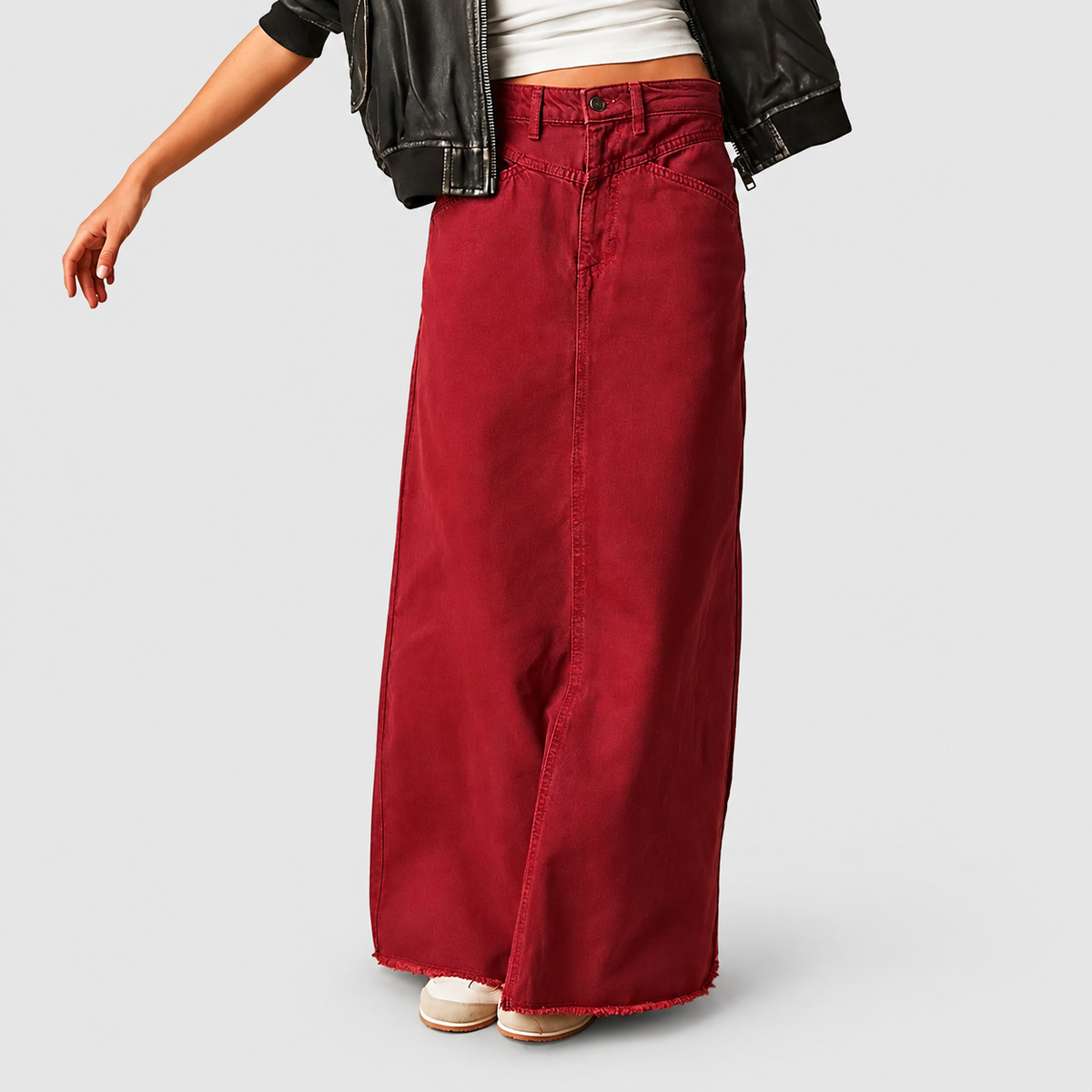 Women's High-Waisted Denim Maxi Skirt in Red — view 5