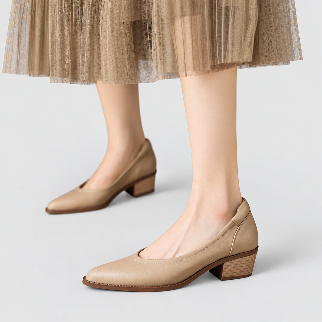 Women's Pointed-Toe Court Shoes with Angled Block Heel in Apricot — view 3