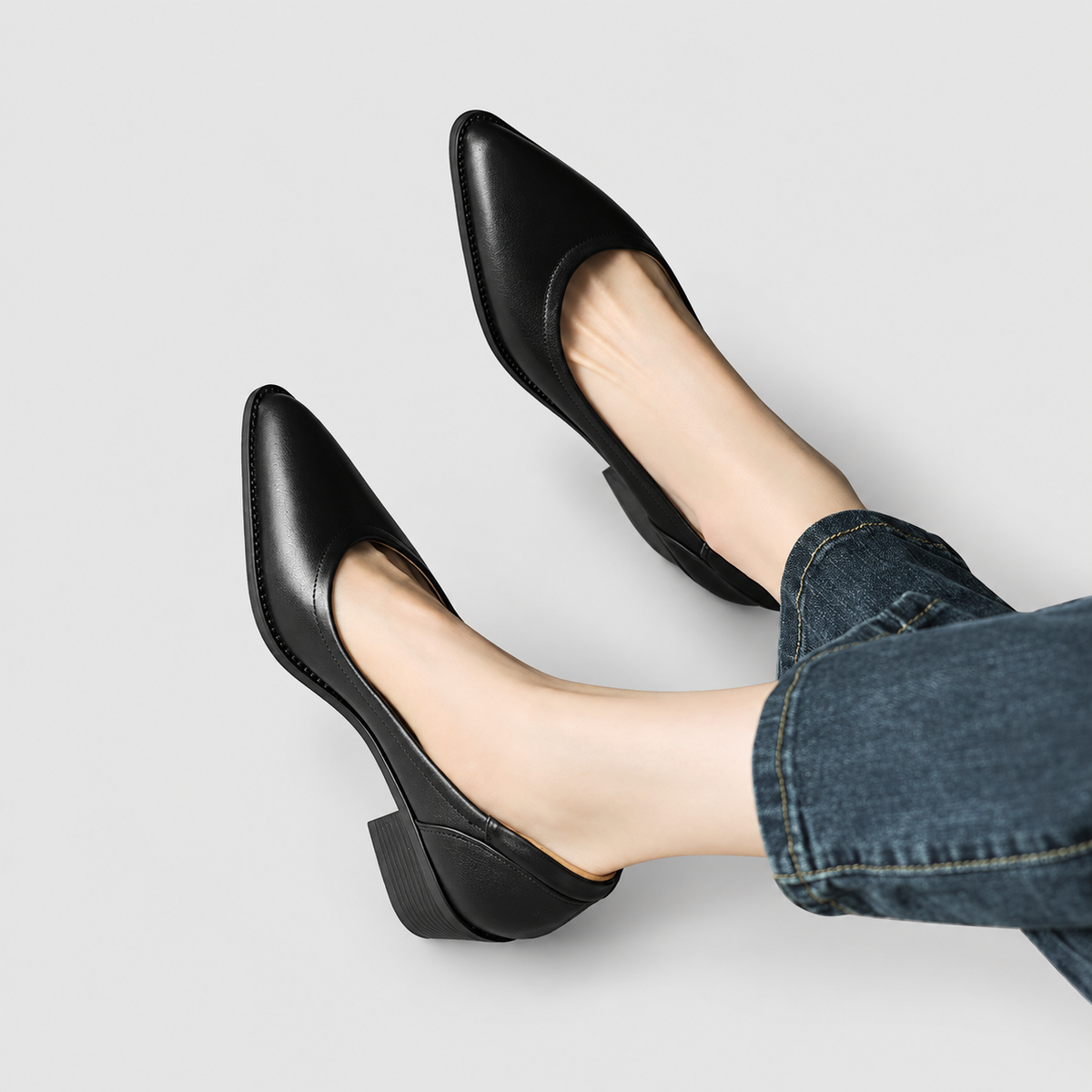 Women's Pointed-Toe Court Shoes with Angled Block Heel in Black — view 7