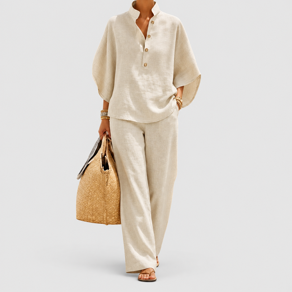 Women's Linen-Look Set with Batwing Sleeves and Wide-Leg Trousers in Beige — view 1