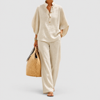 Women's Linen-Look Set with Batwing Sleeves and Wide-Leg Trousers in Beige — view 1