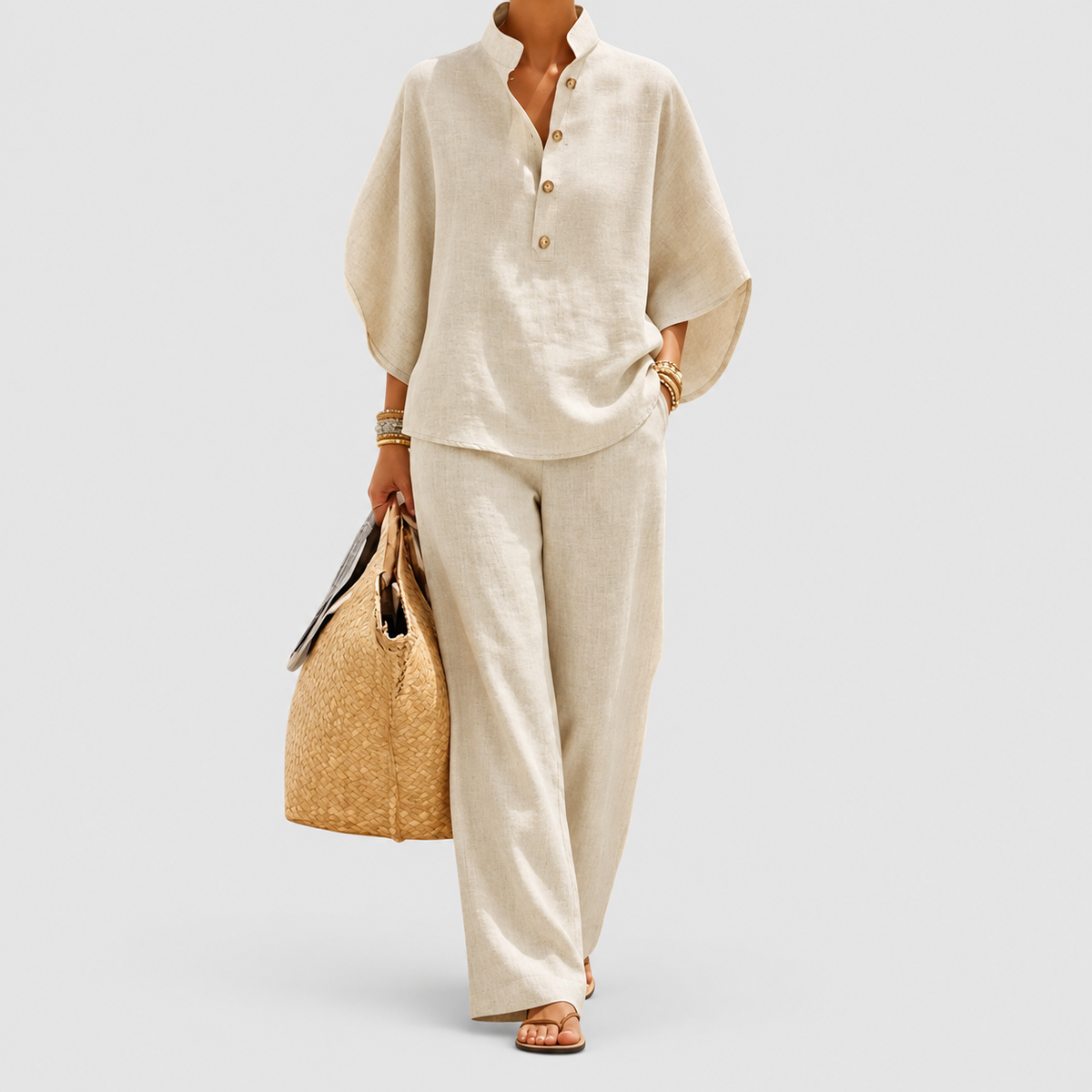 Women's Linen-Look Set with Batwing Sleeves and Wide-Leg Trousers in Beige — view 1