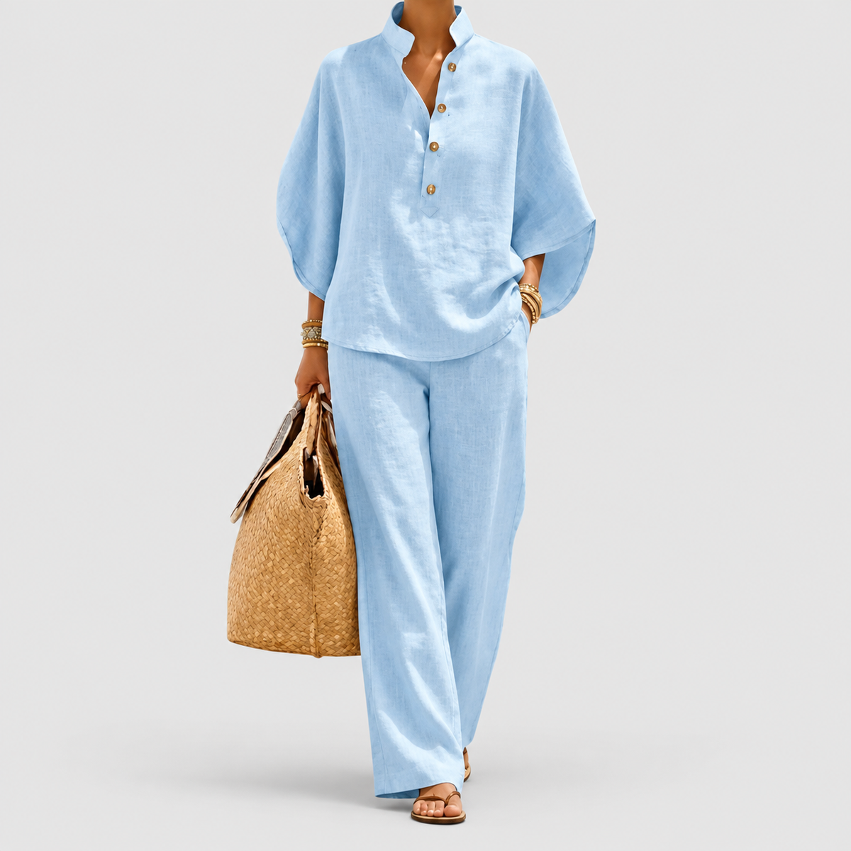 Women's Linen-Look Set with Batwing Sleeves and Wide-Leg Trousers in Light Blue — view 2