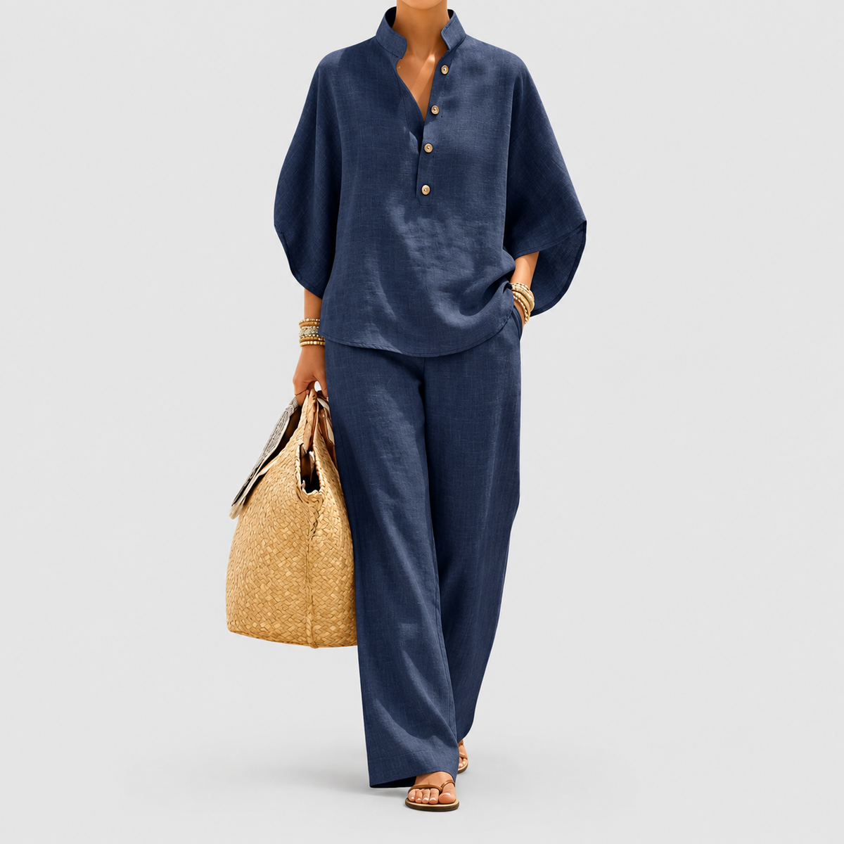 Women's Linen-Look Set with Batwing Sleeves and Wide-Leg Trousers in Navy Blue — view 3