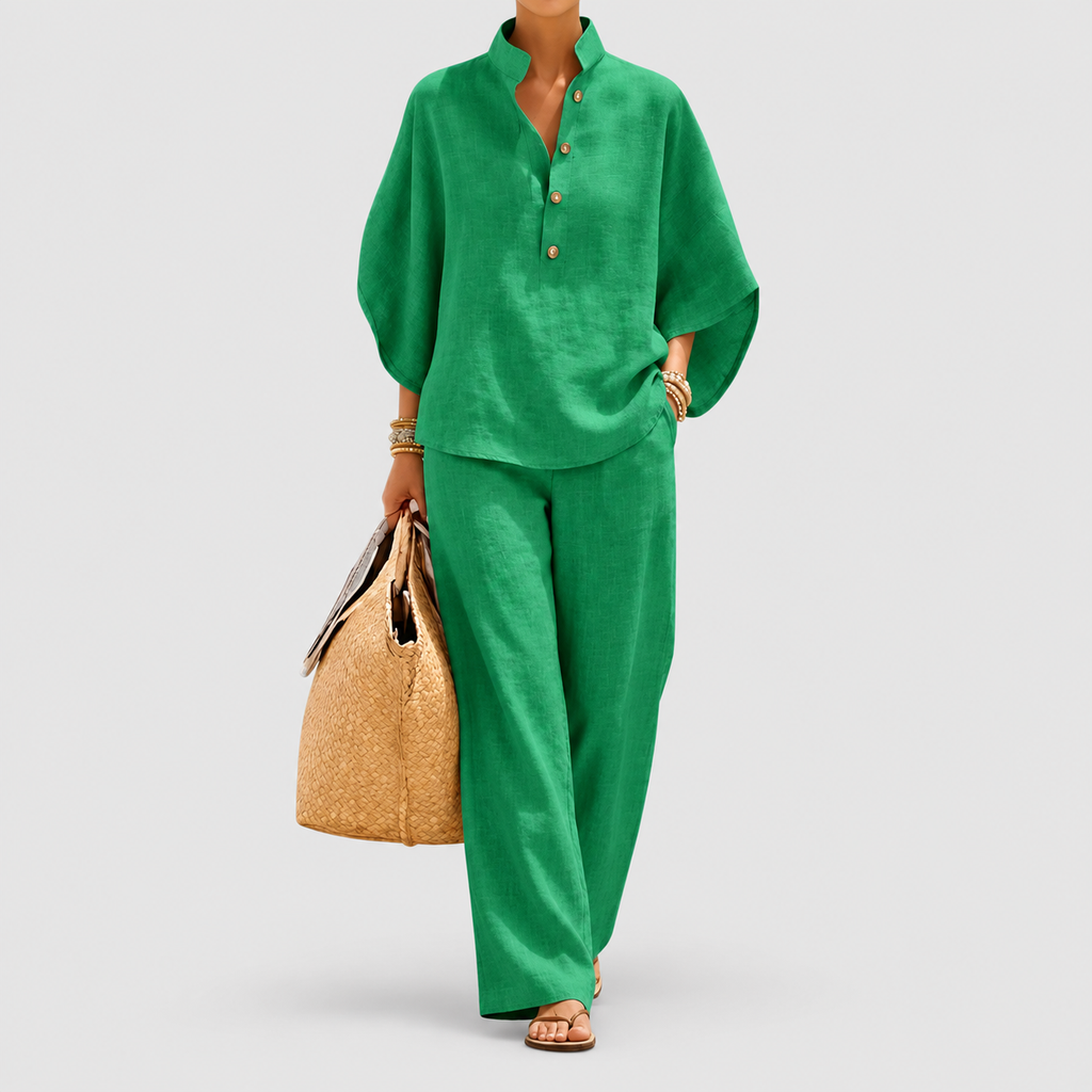 Women's Linen-Look Set with Batwing Sleeves and Wide-Leg Trousers in Green — view 4