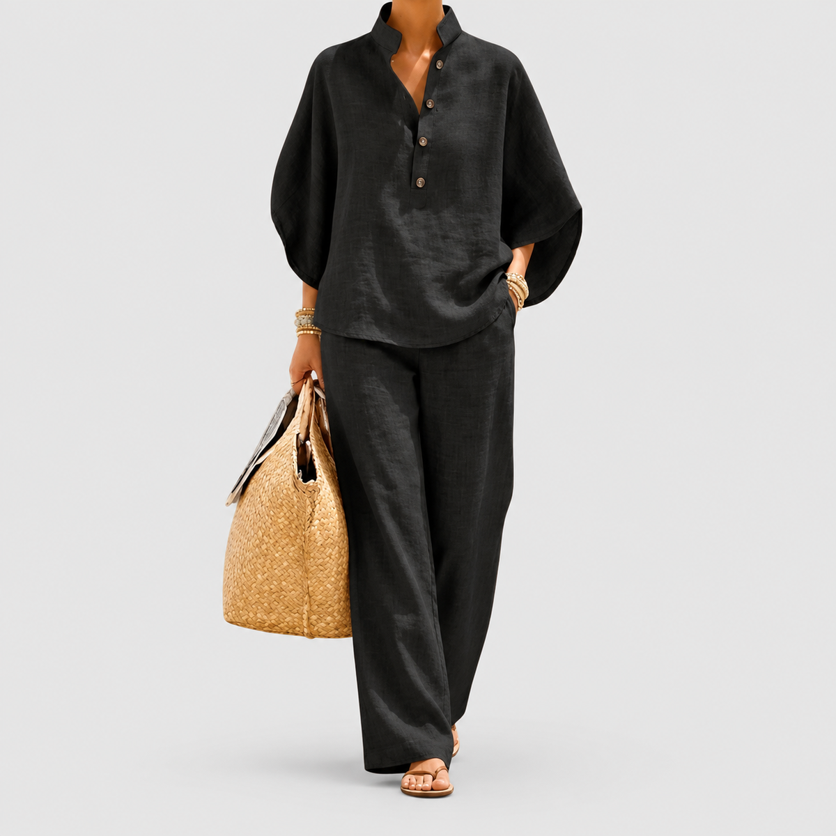 Women's Linen-Look Set with Batwing Sleeves and Wide-Leg Trousers in Black — view 5