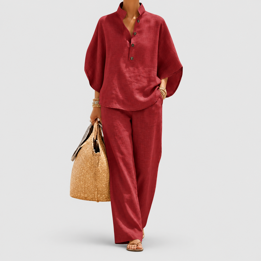 Women's Linen-Look Set with Batwing Sleeves and Wide-Leg Trousers in Red — view 6