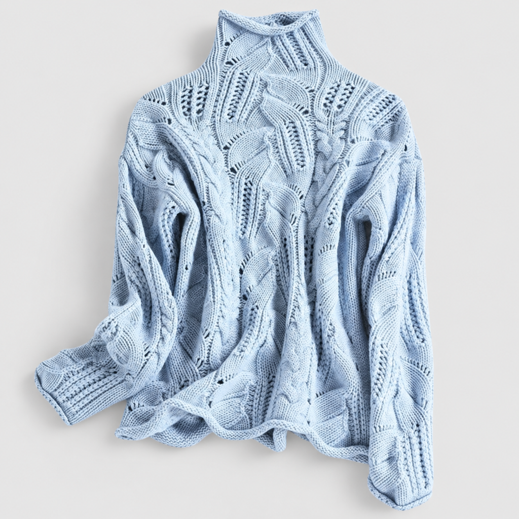 Women's Cable-Knit Roll-Neck Jumper in Wavy Blue — view 1