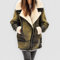 Women's Suede-Look Zip Coat with Plush Lapel in Green — view 1