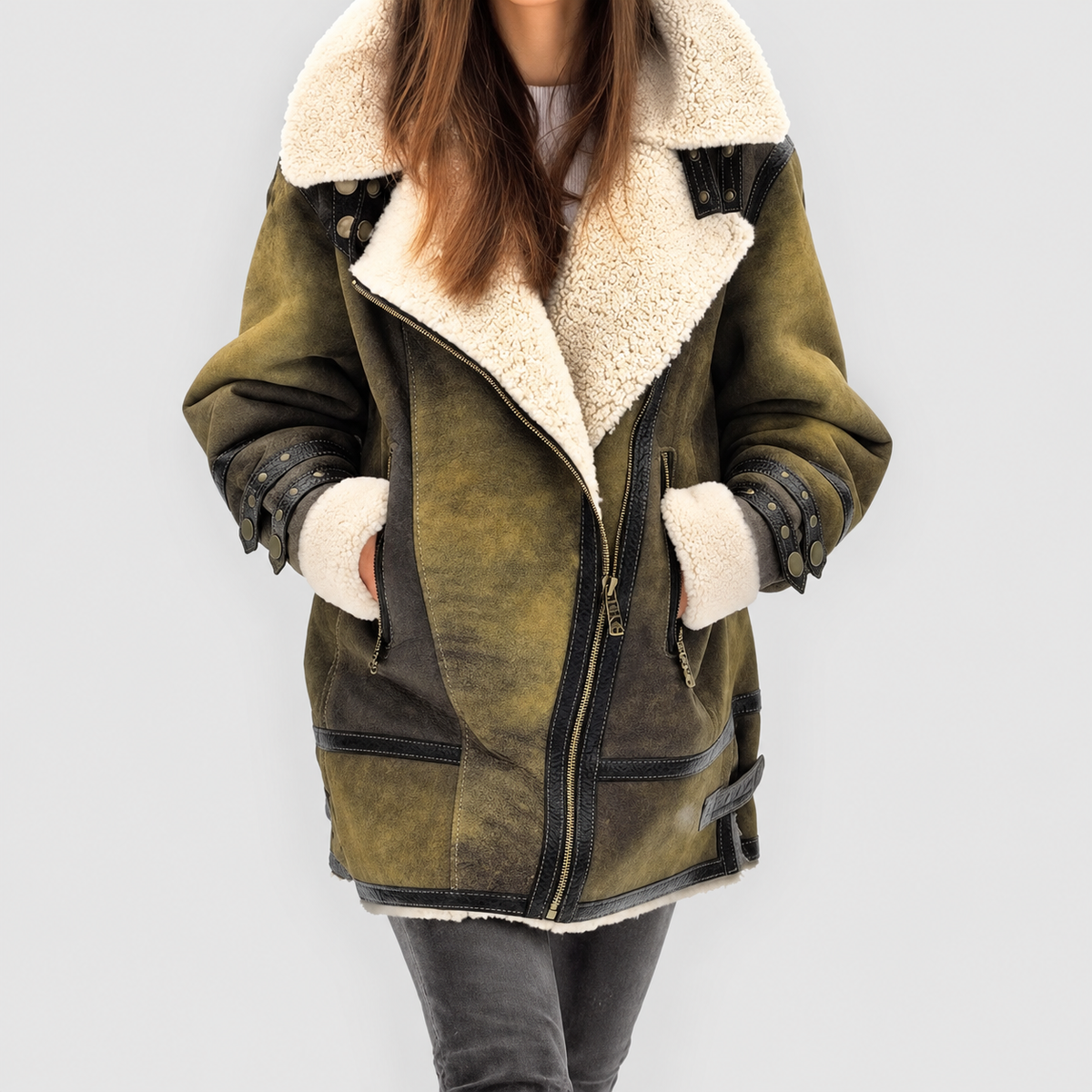 Women's Suede-Look Zip Coat with Plush Lapel in Green — view 1