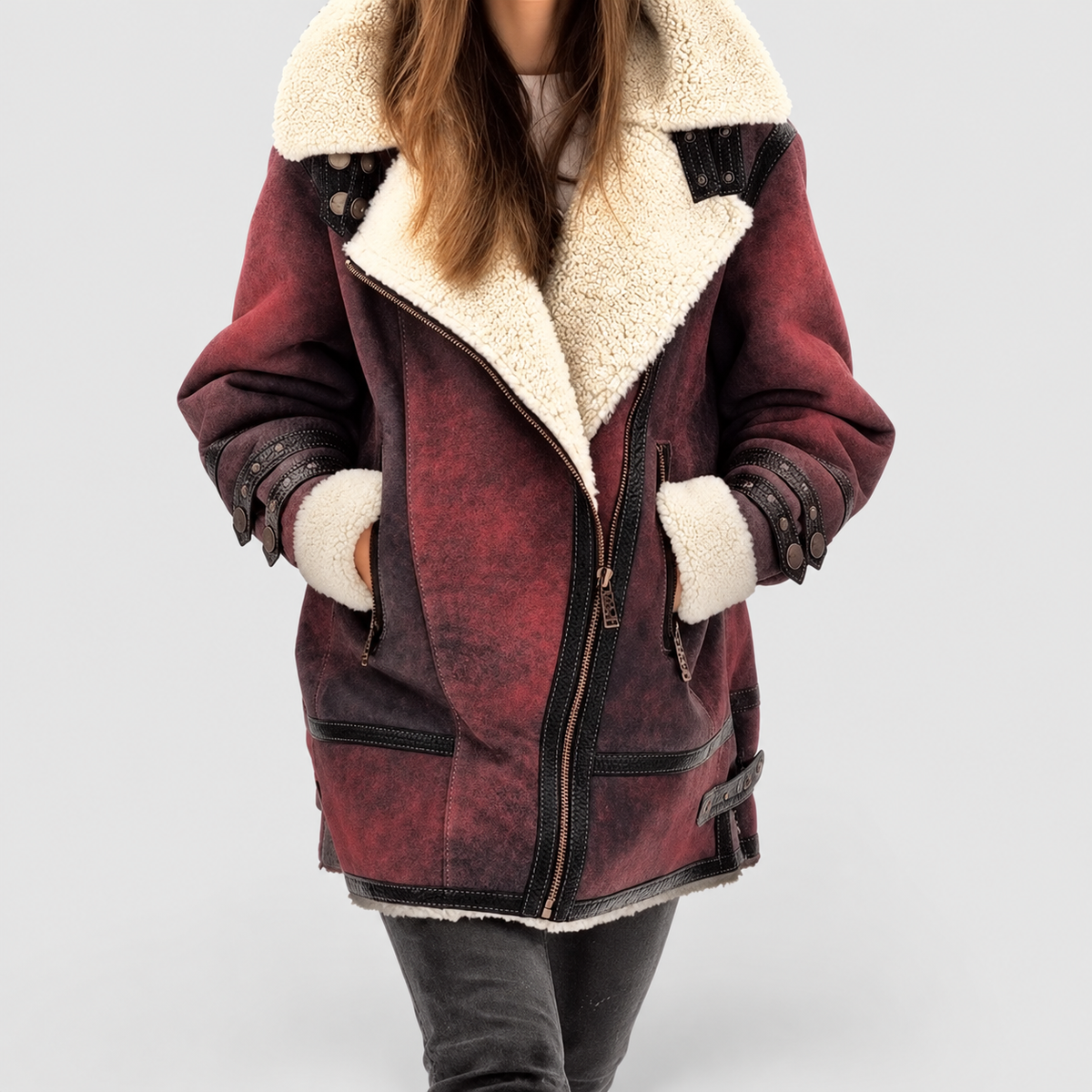 Women's Suede-Look Zip Coat with Plush Lapel in Red — view 2