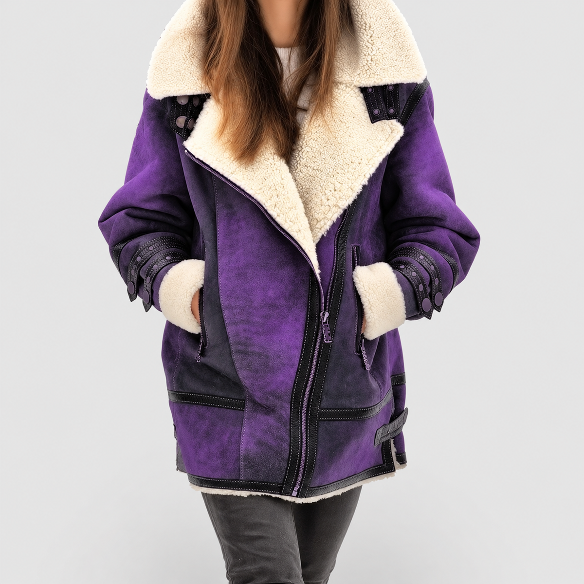 Women's Suede-Look Zip Coat with Plush Lapel in Lilac — view 3