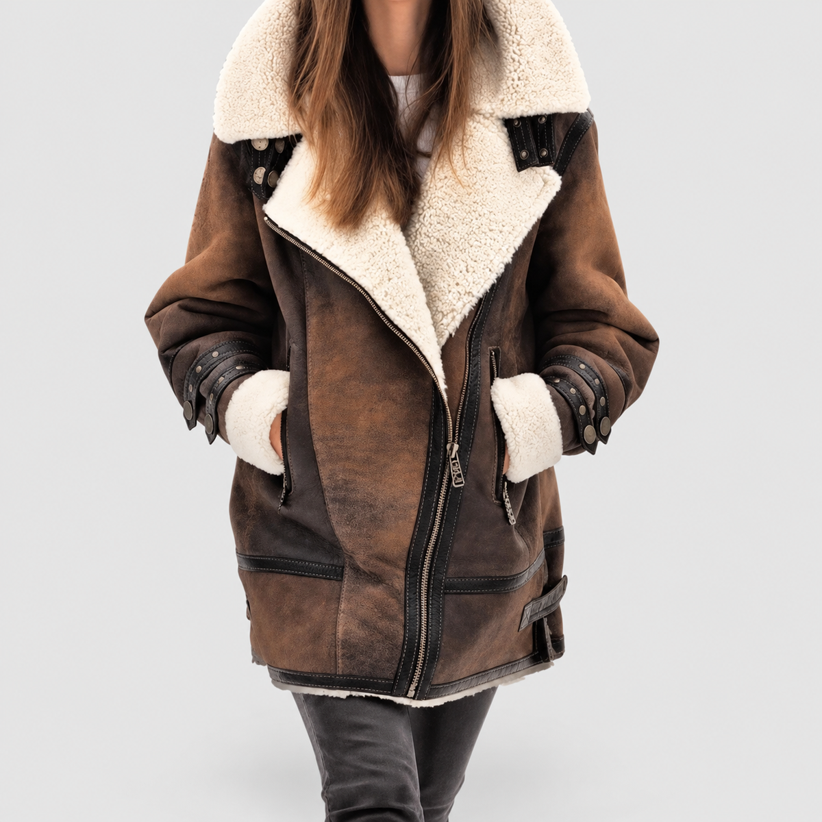 Women's Suede-Look Zip Coat with Plush Lapel in Brown — view 4
