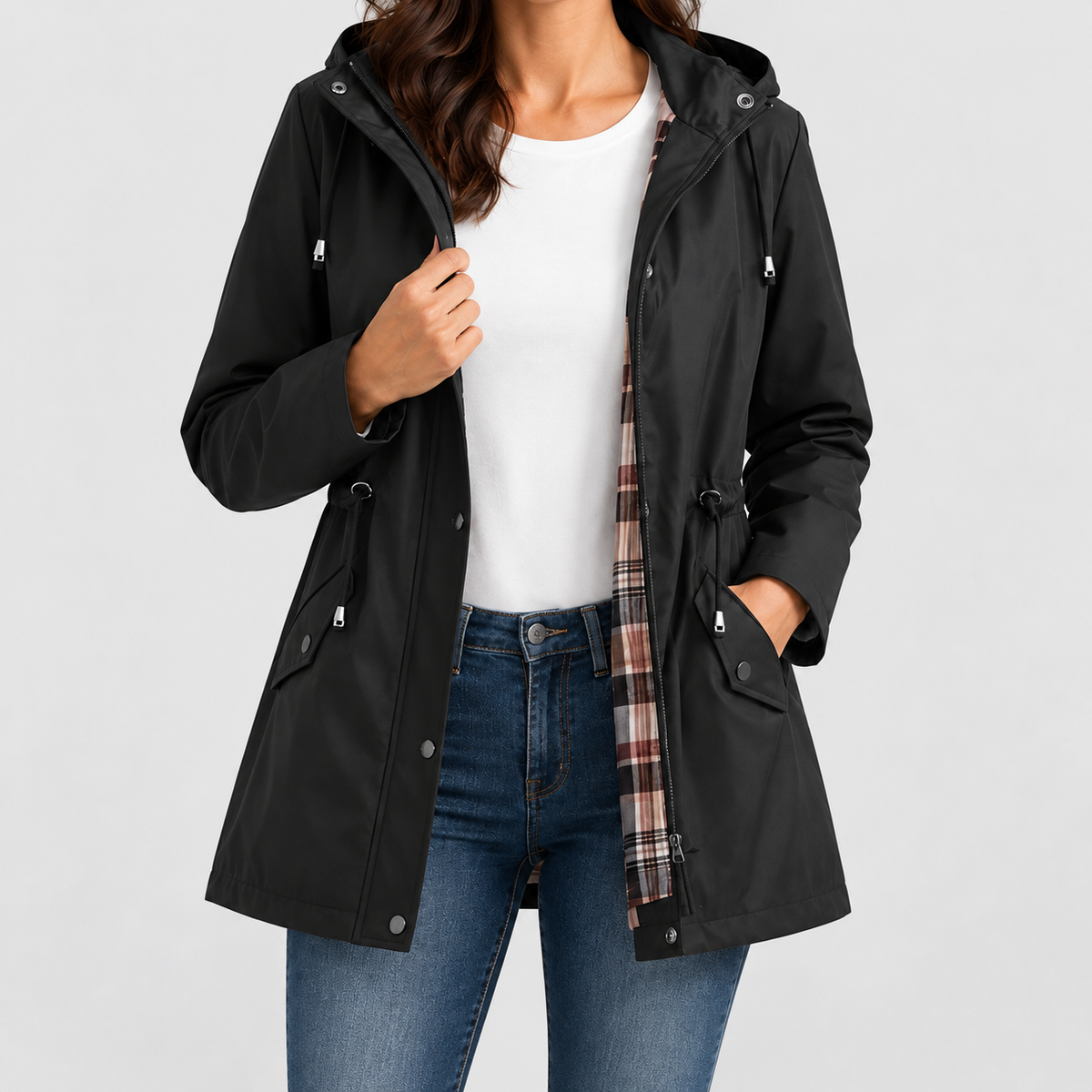 Women's Hooded Jacket with Check Lining and Drawstring Waist in Black — view 1