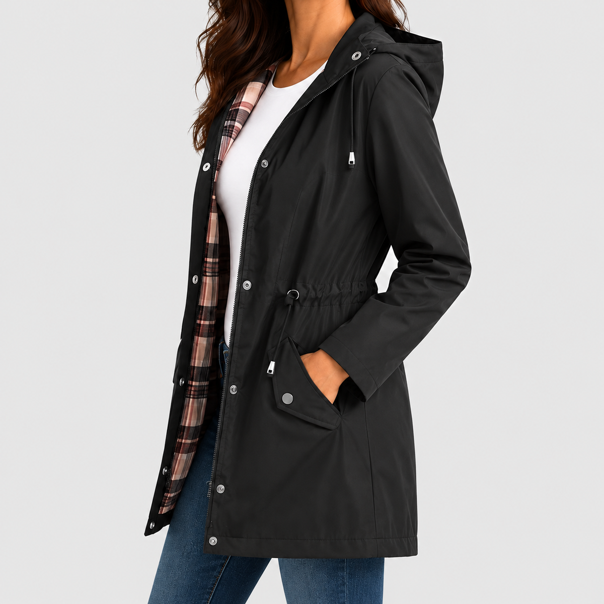 Women's Hooded Jacket with Check Lining and Drawstring Waist — view 3