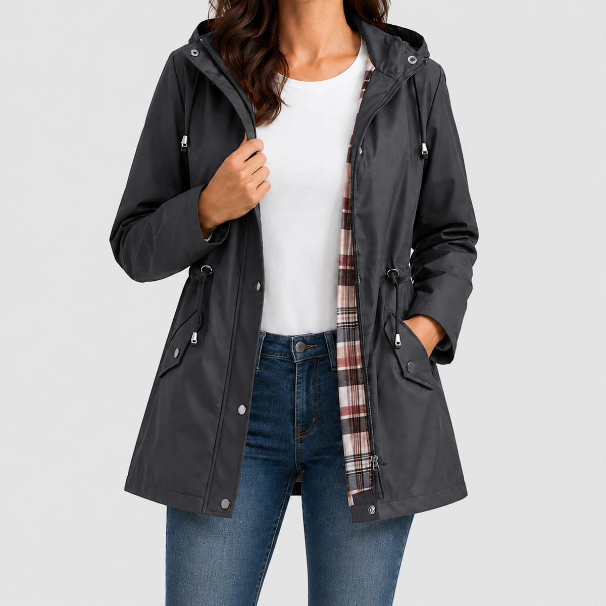 Women's Hooded Jacket with Check Lining and Drawstring Waist in Dark Grey — view 4