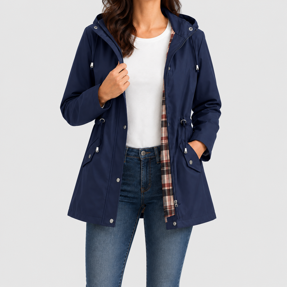 Women's Hooded Jacket with Check Lining and Drawstring Waist in Navy Blue — view 5