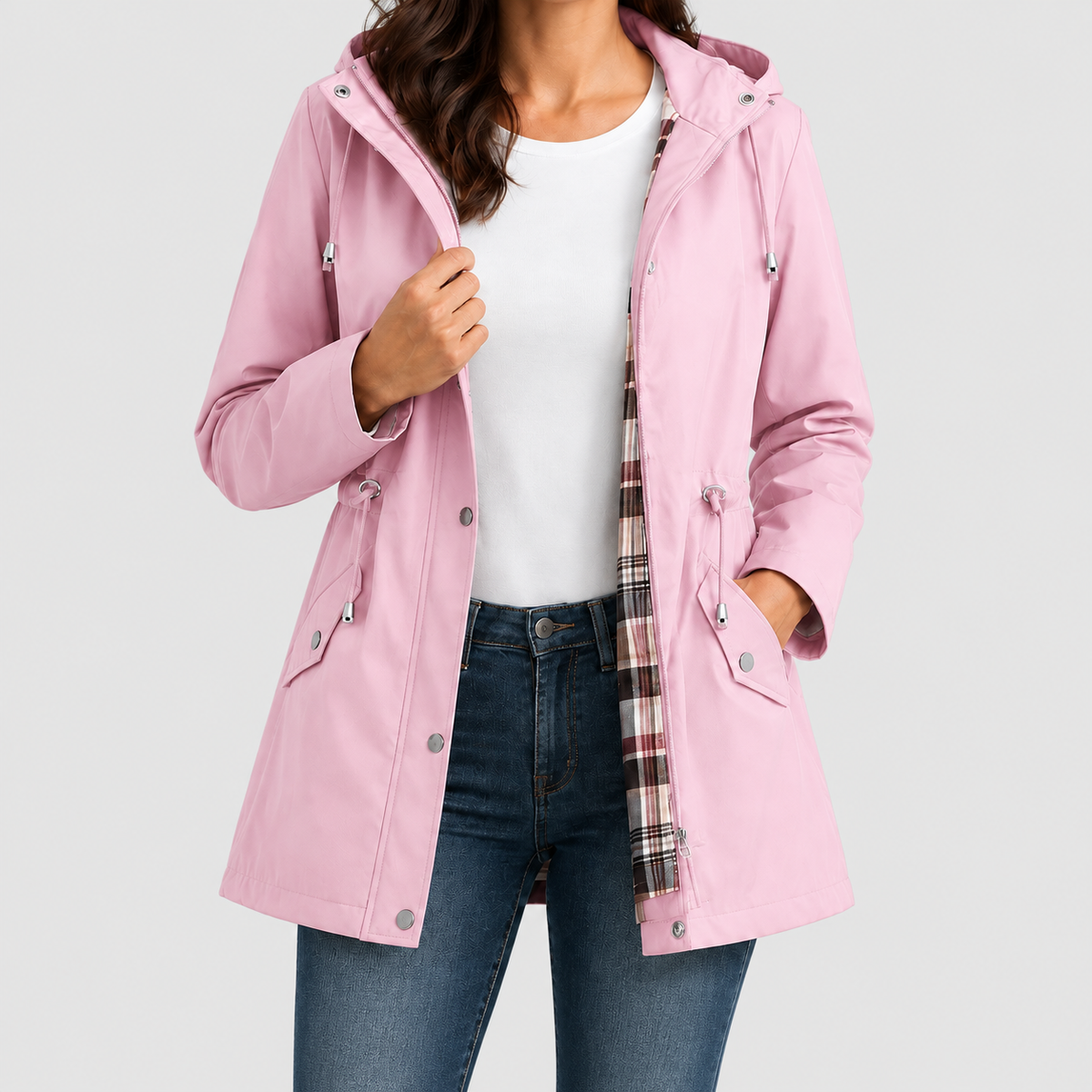 Women's Hooded Jacket with Check Lining and Drawstring Waist in Pink — view 6