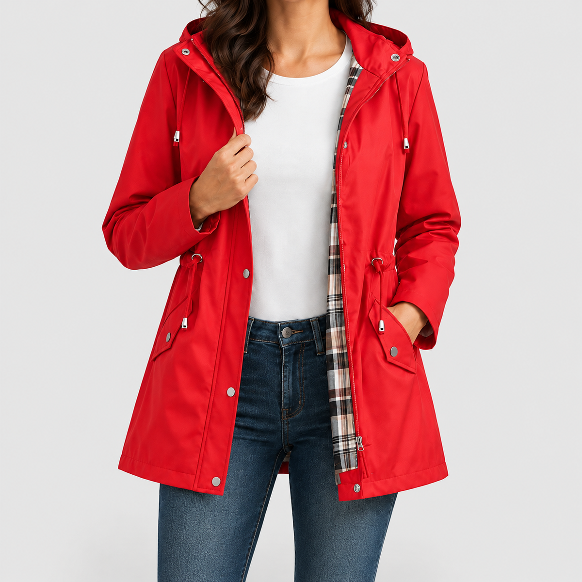 Women's Hooded Jacket with Check Lining and Drawstring Waist in Red — view 7