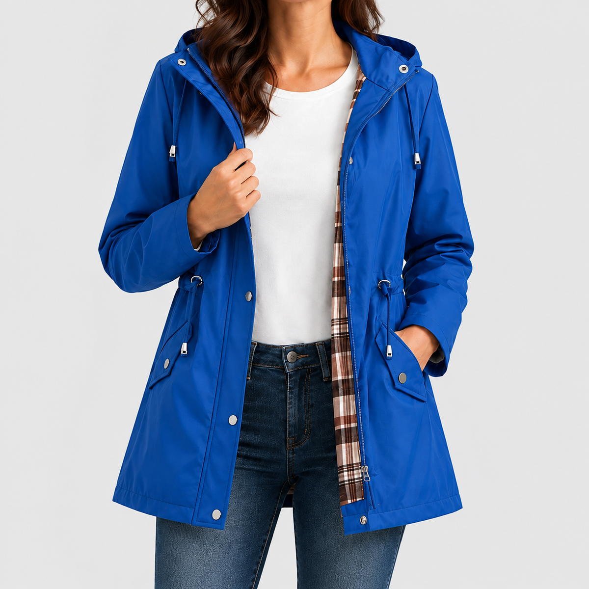 Women's Hooded Jacket with Check Lining and Drawstring Waist in Blue — view 8
