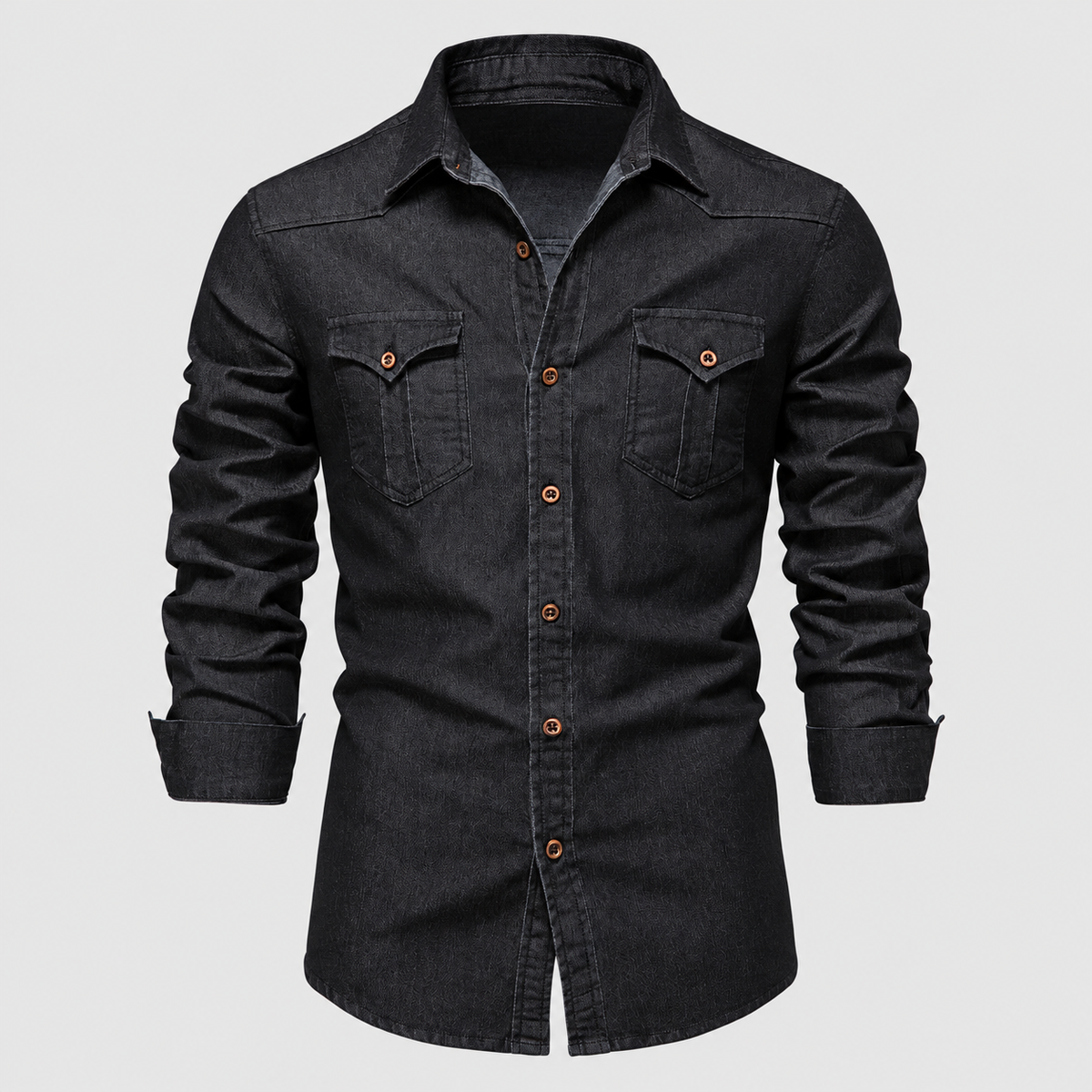 Men's Western-Style Shirt with Flap Chest Pockets in Black — view 2