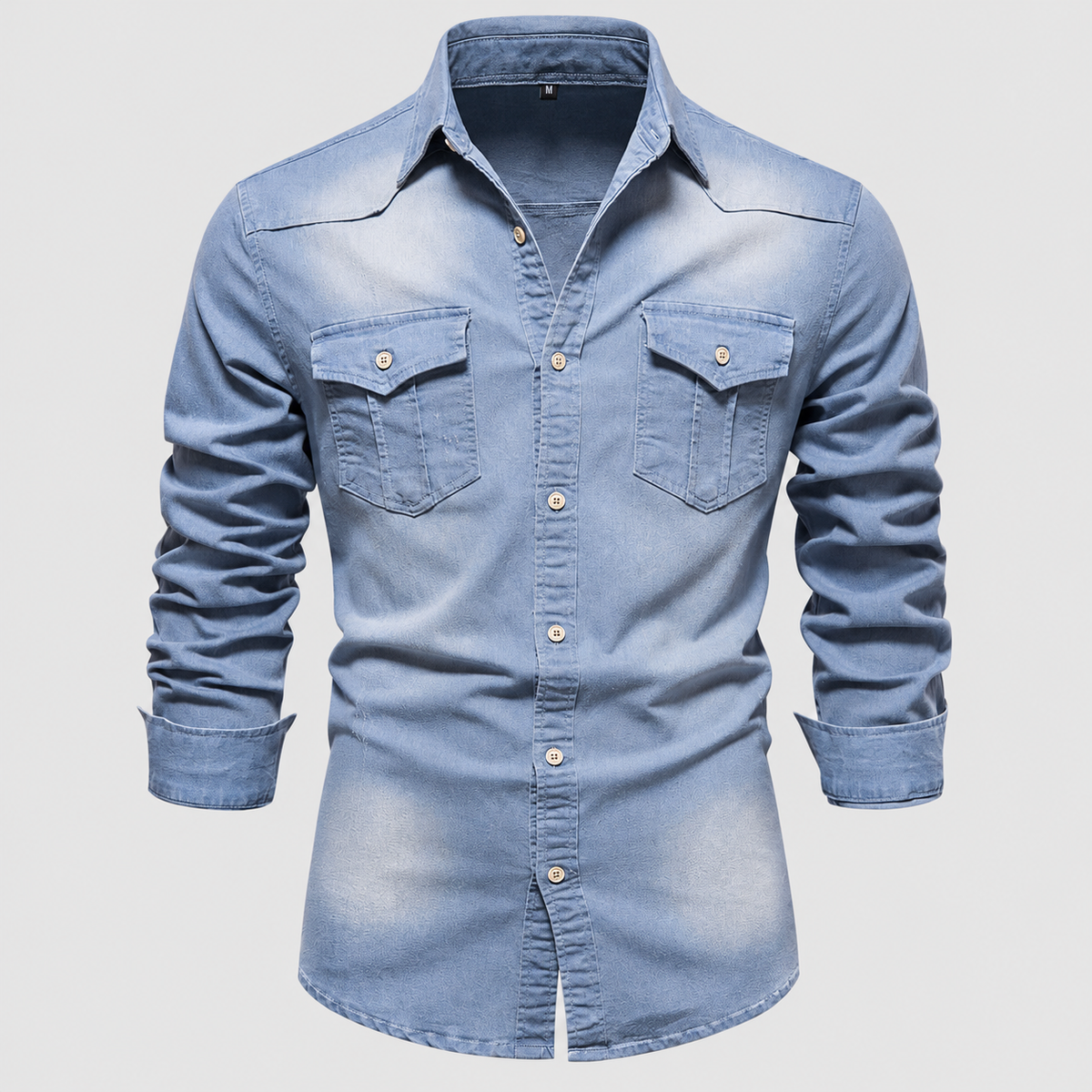 Men's Western-Style Shirt with Flap Chest Pockets in Light Blue — view 3
