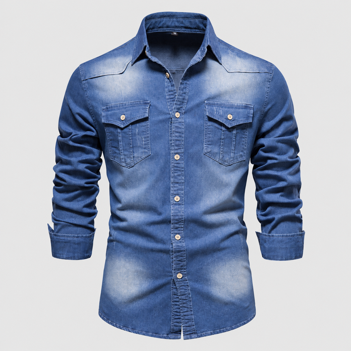Men's Western-Style Shirt with Flap Chest Pockets in Blue — view 4
