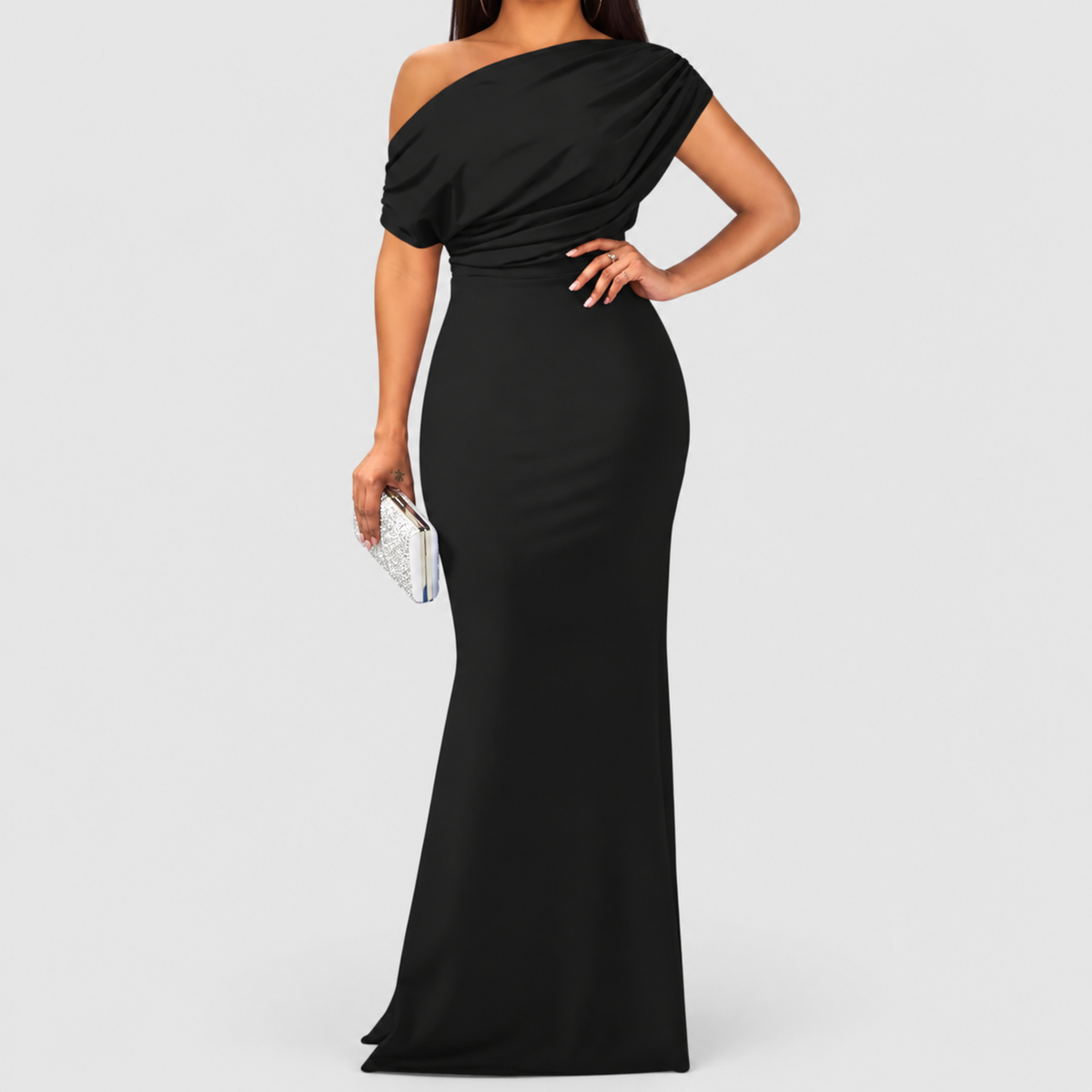 Women's One-Shoulder Draped Bodycon Maxi Dress in Black — view 1