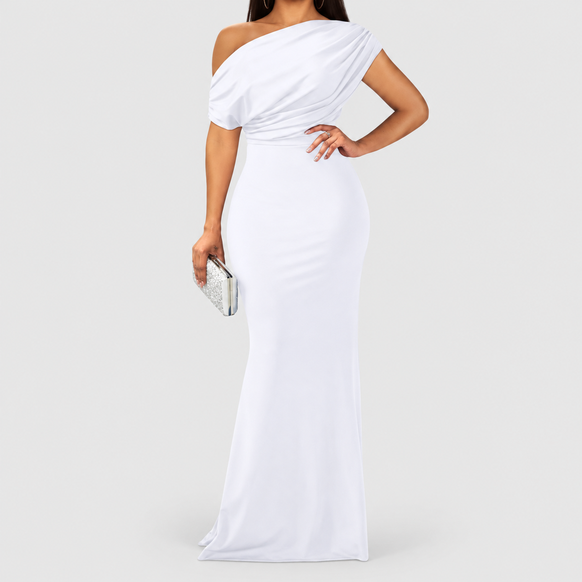 Women's One-Shoulder Draped Bodycon Maxi Dress in White — view 2