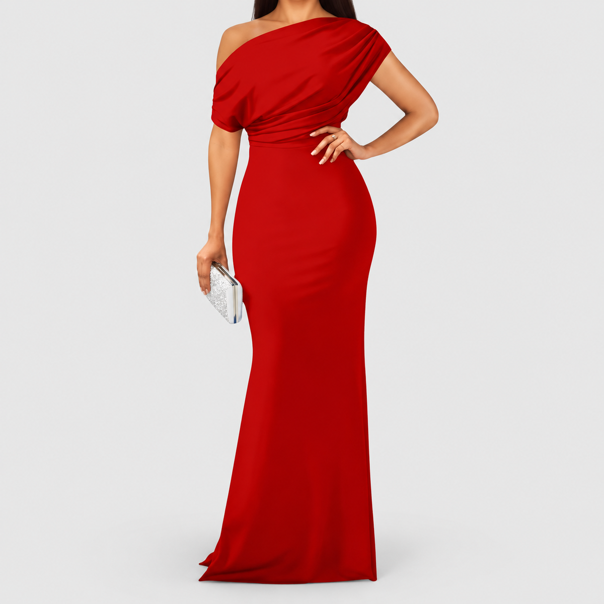 Women's One-Shoulder Draped Bodycon Maxi Dress in Red — view 3
