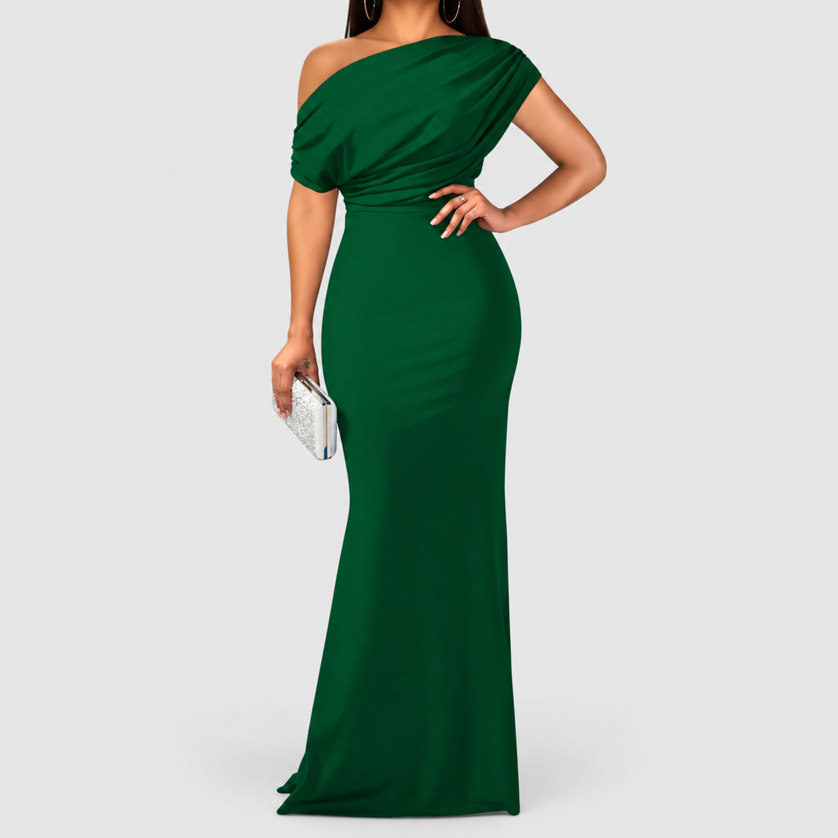 Women's One-Shoulder Draped Bodycon Maxi Dress in Green — view 4