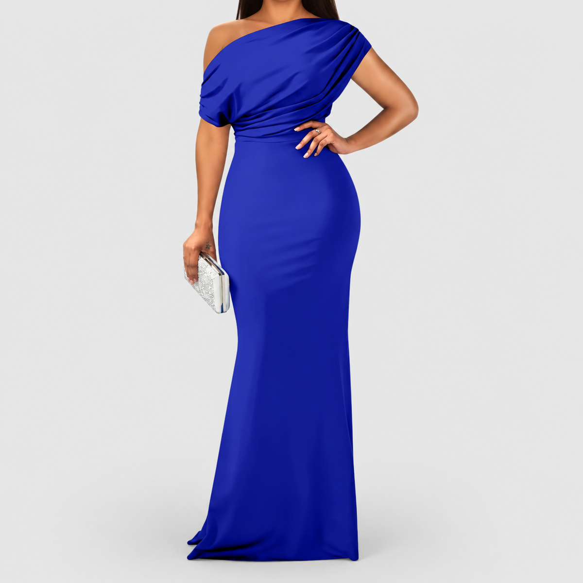 Women's One-Shoulder Draped Bodycon Maxi Dress in Blue — view 5