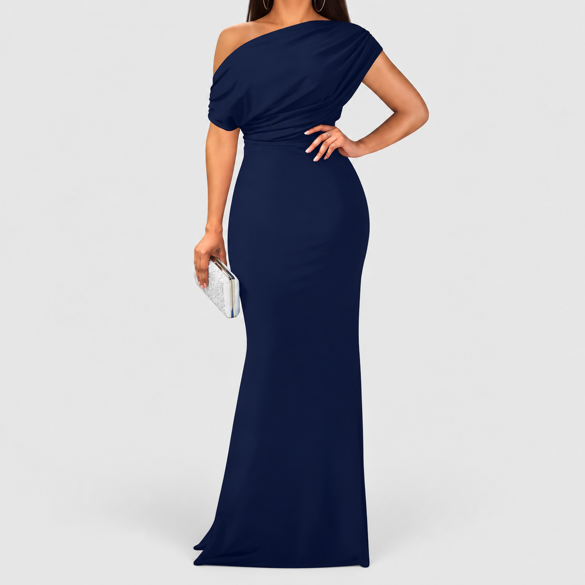 Women's One-Shoulder Draped Bodycon Maxi Dress in Navy — view 7