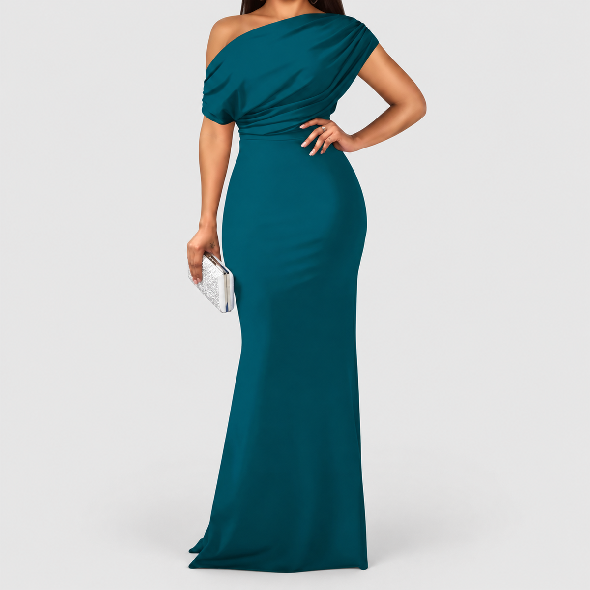 Women's One-Shoulder Draped Bodycon Maxi Dress in Malachite Green — view 8