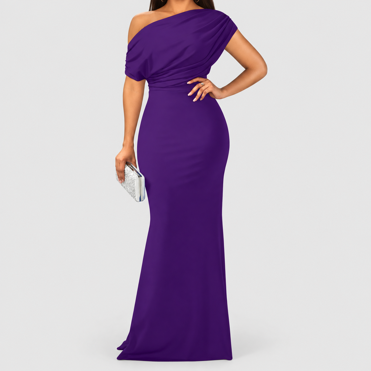 Women's One-Shoulder Draped Bodycon Maxi Dress in Purple — view 9