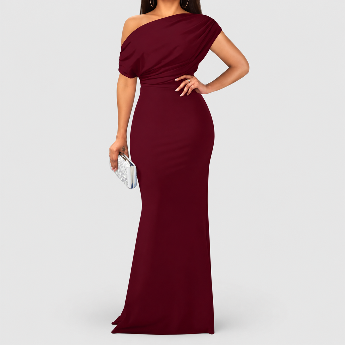 Women's One-Shoulder Draped Bodycon Maxi Dress in Claret — view 10