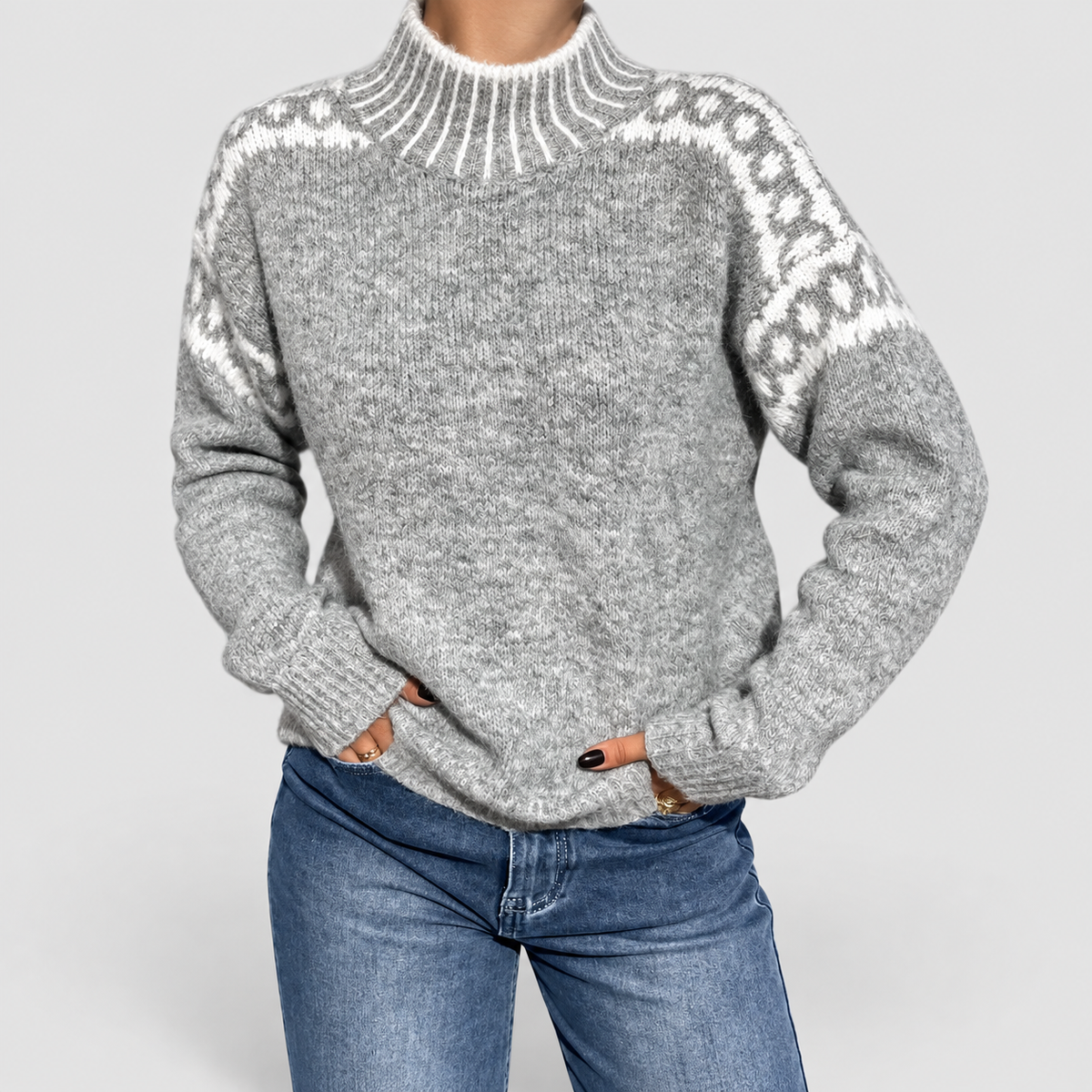 Women's Knit Jumper with Patterned Shoulders in Grey — view 1