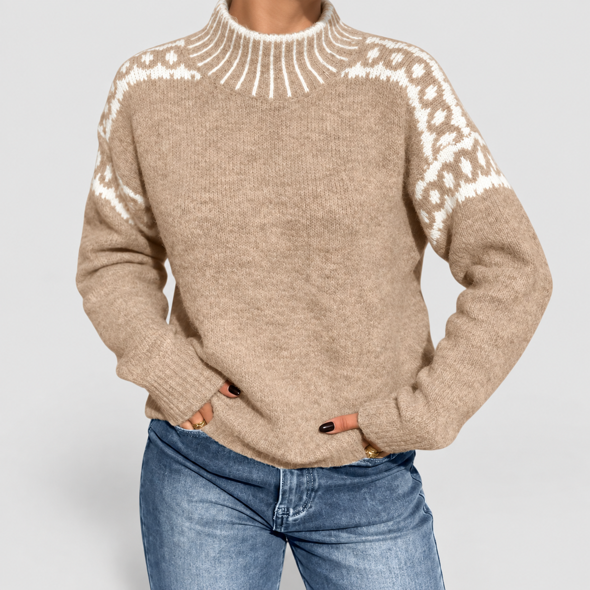 Women's Knit Jumper with Patterned Shoulders in Khaki — view 2
