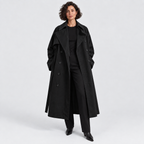 Double-breasted long trench coat with wide lapels in black, front view on model